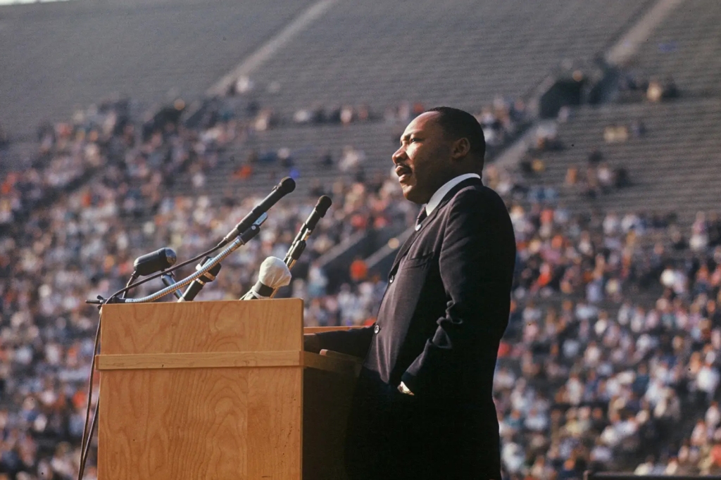 Martin Luther King Jr. speaking at the Los Angeles Memorial Coliseum.