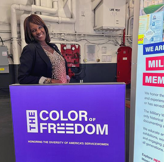 Virginia Wimmer at the traveling exhibit "The Color of Freedom" from the Military Women's Memorial at the USS Midway Museum in San Diego.