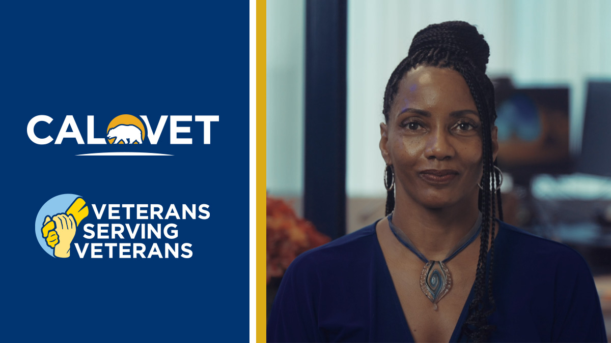 CalVet logo, text "Veterans Helping Veterans," and photo of woman.