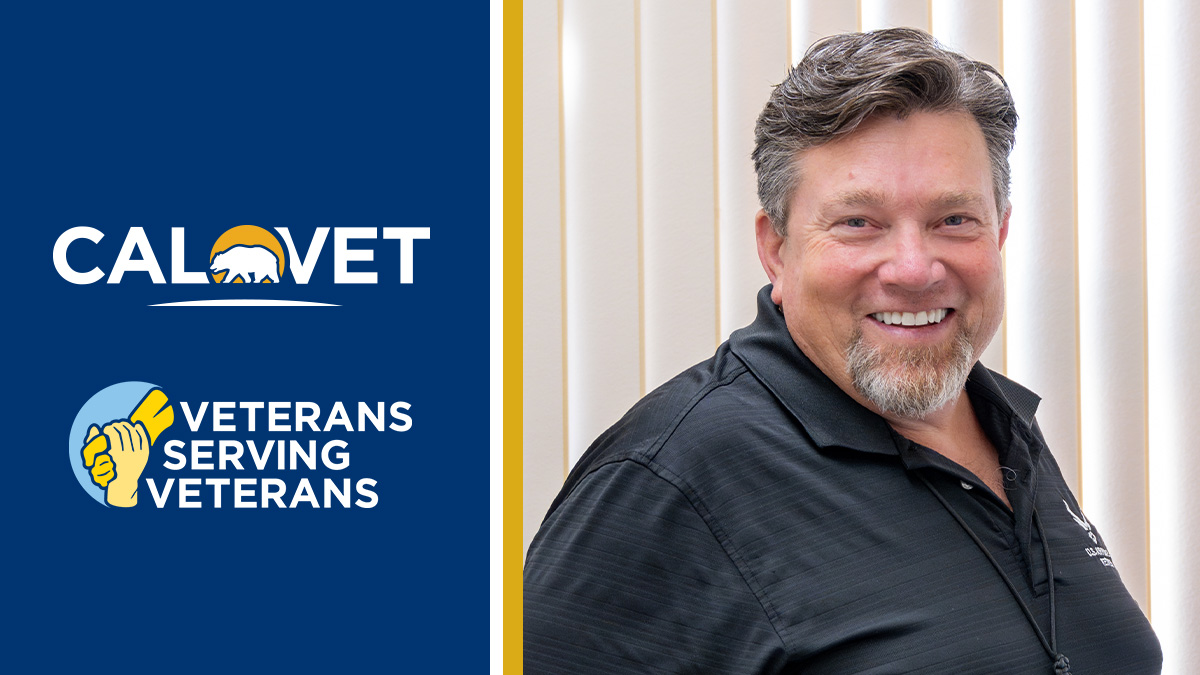 CalVet logo, text "Veterans Serving Veterans," and image of smiling man.