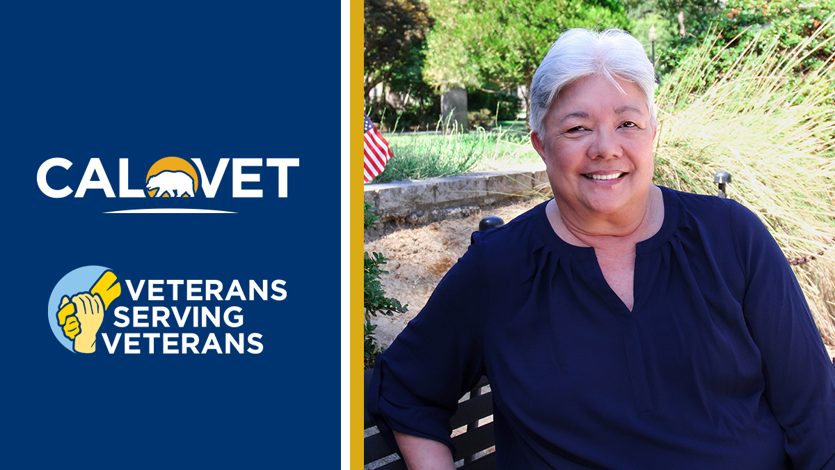 CalVet logo, text "Veterans Serving Veterans," and woman outside on park bench with small American flag in background.