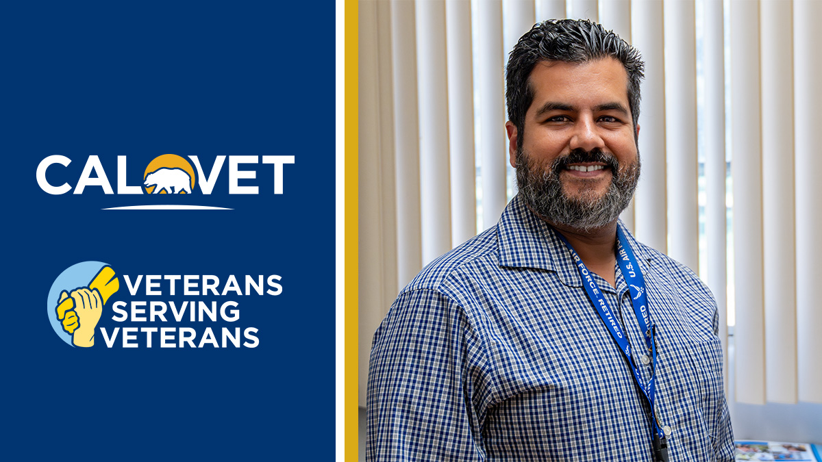 CalVet logo, text "Veterans Serving Veterans," and image of smiling man.