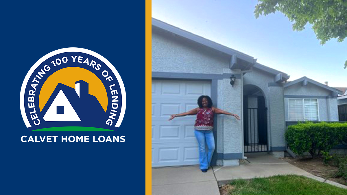 CalVet Home Loans logo and woman standing outside a house.