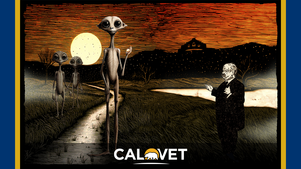 Illustration featuring extraterrestrial beings and drawing of man from 1890s, in a rural setting with a canal and sun, plus CalVet logo.
