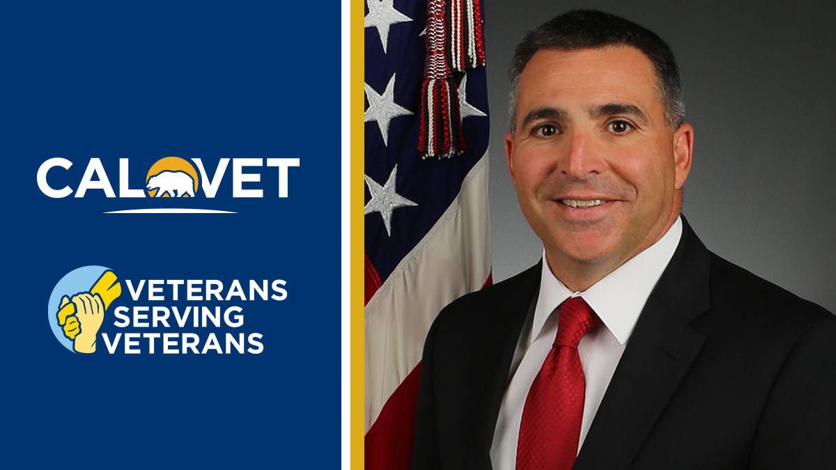 CalVet logo with text "Veterans Serving Veterans" and photo of smiling man.