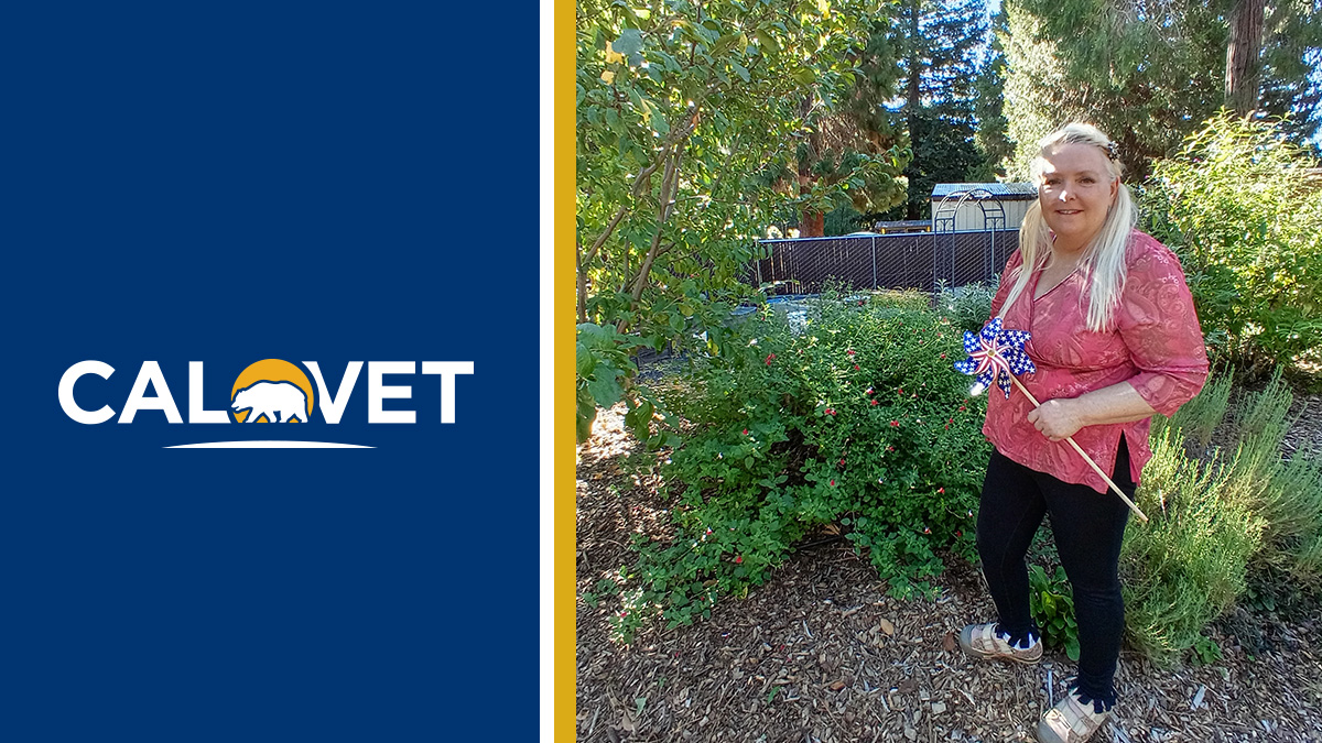 CalVet logo and photo of woman standing in garden holding patriotic pinwheel.