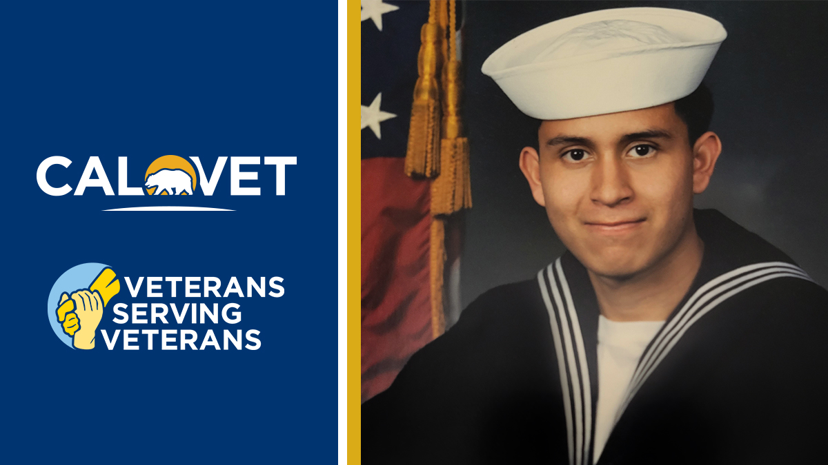 CalVet logo, text "Veterans serving veterans," and image of Navy servicemember.