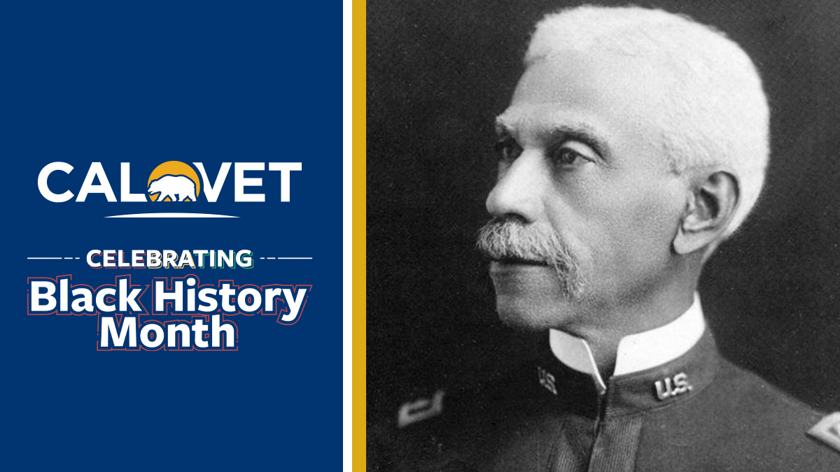 CalVet logo, text "Celebrating Black History Month," and image of soldier in military uniform.