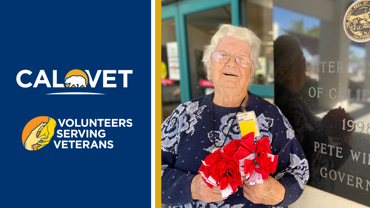 CalVet logo, text that says "Volunteers serving veterans," and image of smiling woman holding paper poppies.