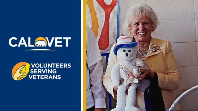 Graphic with CalVet logo, text that says, "Volunteers serving veterans," and image of smiling woman holding teddy bear.