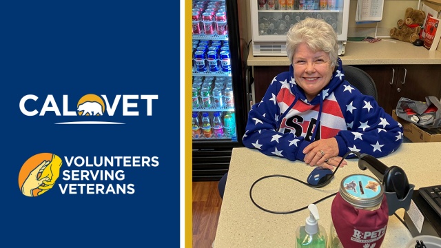 Graphic with CalVet logo, text that says "Volunteer serving veterans," and image of smiling woman sitting behind counter.